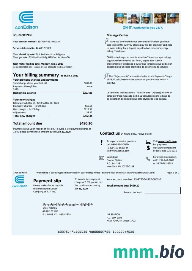 USA Con Edison elektryczność rachunek za media szablon w formacie Word i PDF